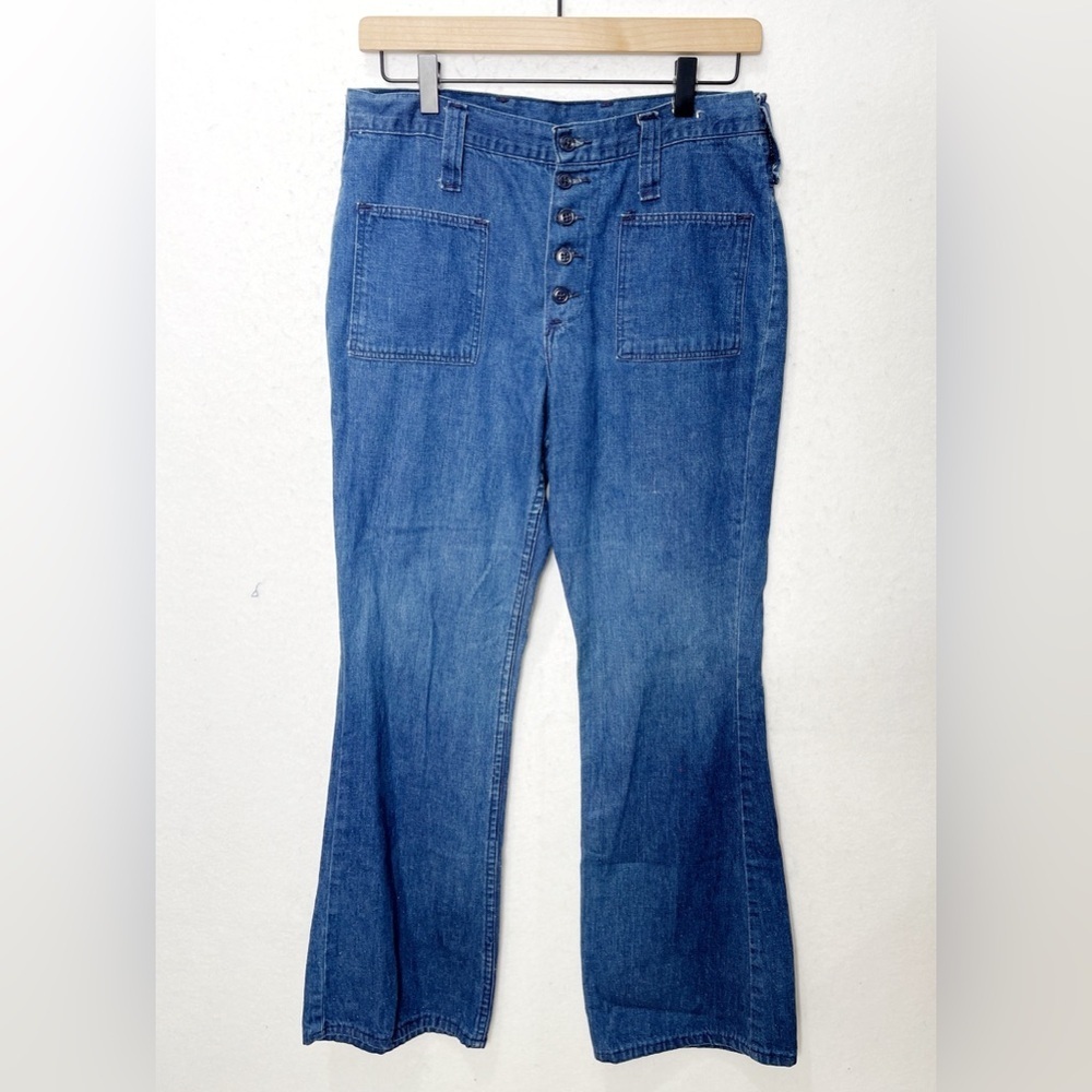 Vintage 70s Wrangler Jeans Sailor Style Flared High Waisted Dark Wash Size 13/14